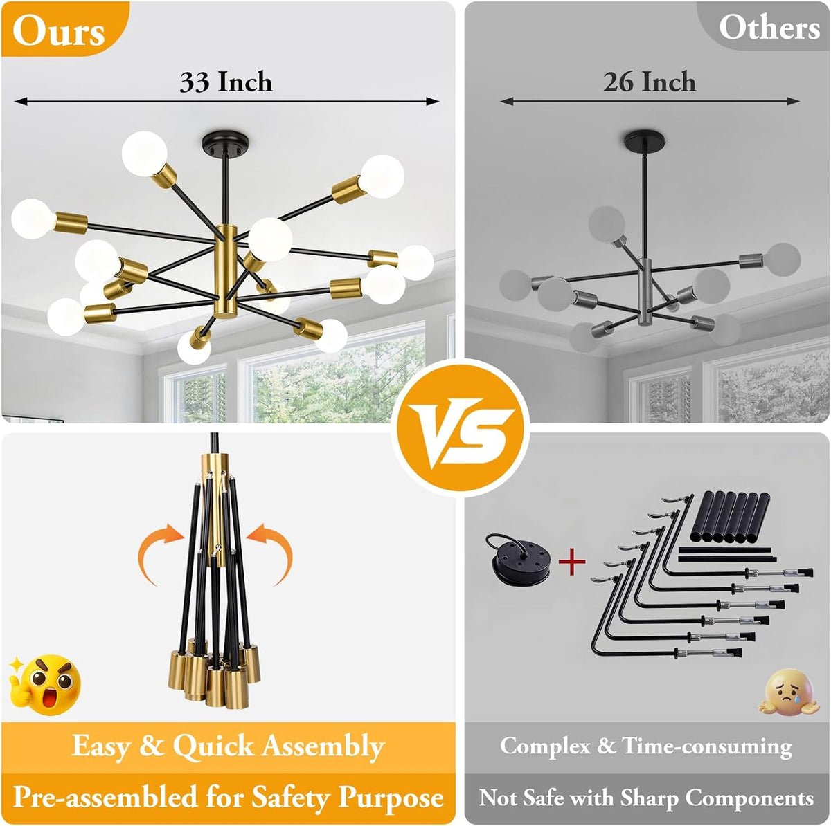 BesLowe 12 Light Modern Chandelier for Dining Room, Black and Gold