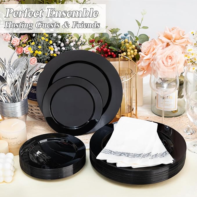 100PCS Black Plastic Plates Set, 50 10.25 inch Dinner Plates and 50 7.5 inch ...