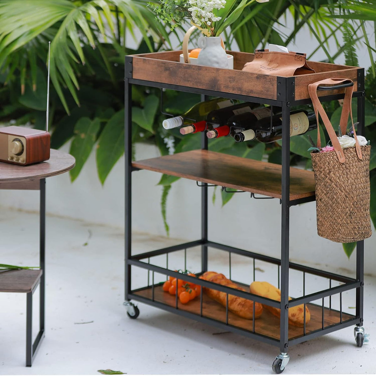 Bar Cart Serving Wine 3 Tier Home Rolling Rack with Wheels Mobile Kitchen Ind...
