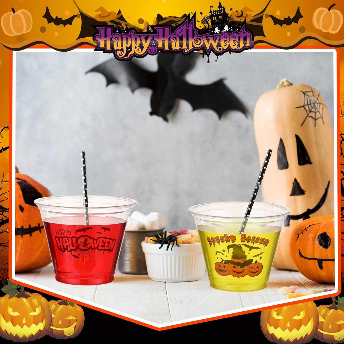 Uiifan 100 Pcs Halloween Party Cups Disposable Plastic Clear Bulk,9 oz