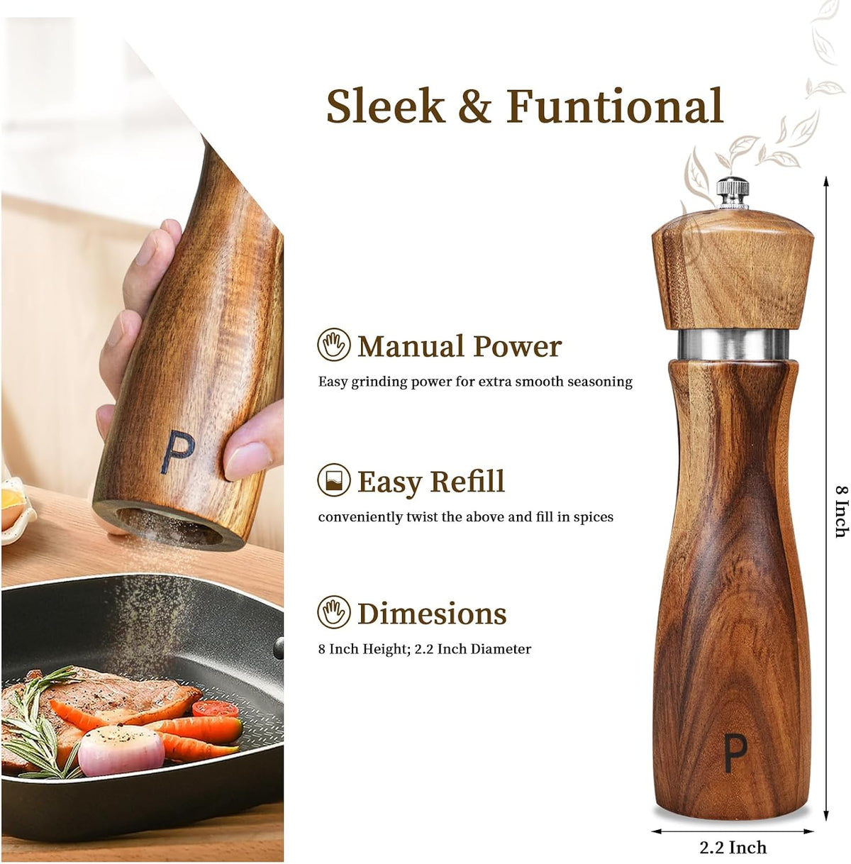 Haomacro 2 Pack Acacia Wood Salt and Pepper Grinder Set Kitchen Home 8 Inch