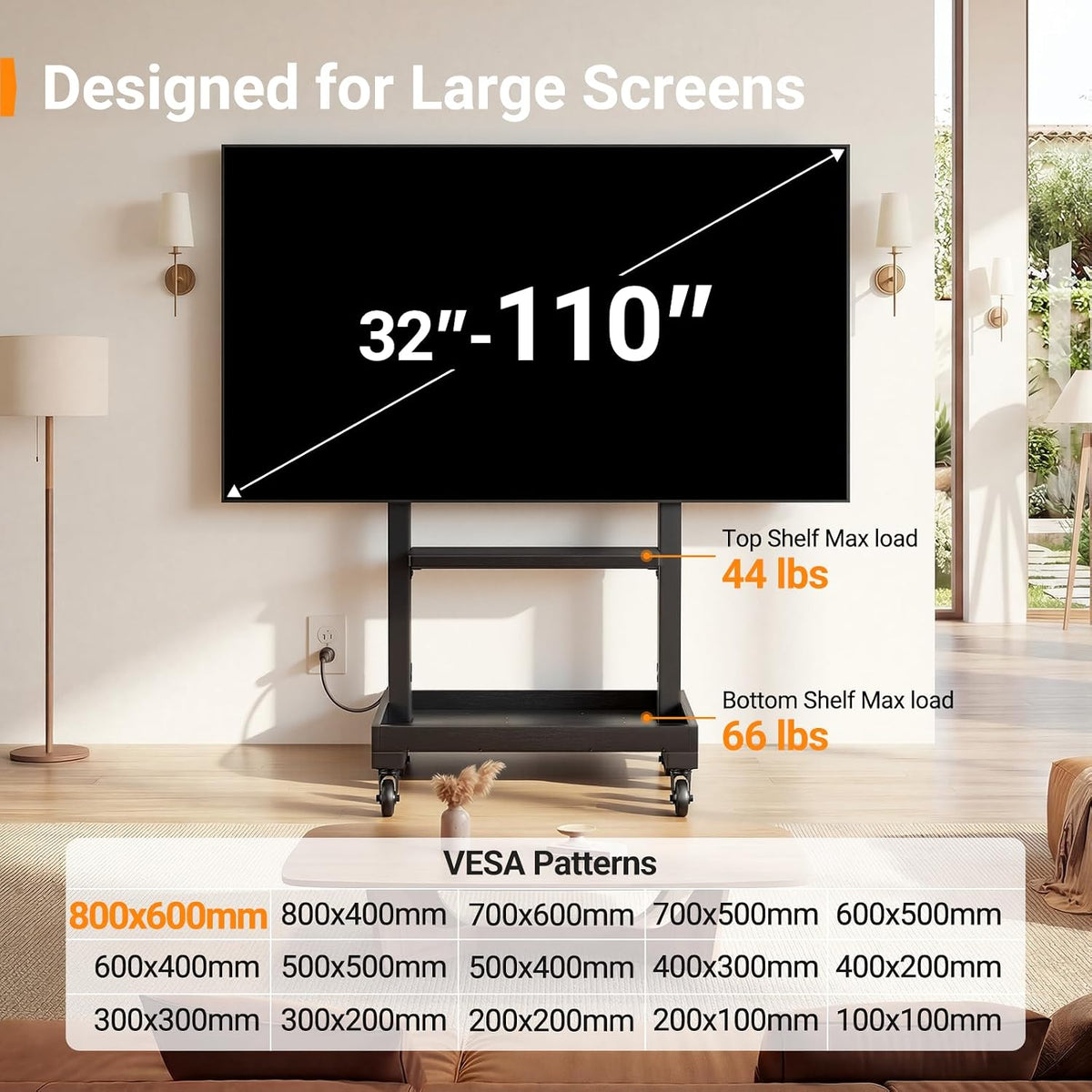 Perlegear Rolling TV Stand with Power Outlet for 32โ110 inch TVs, 250 lbs