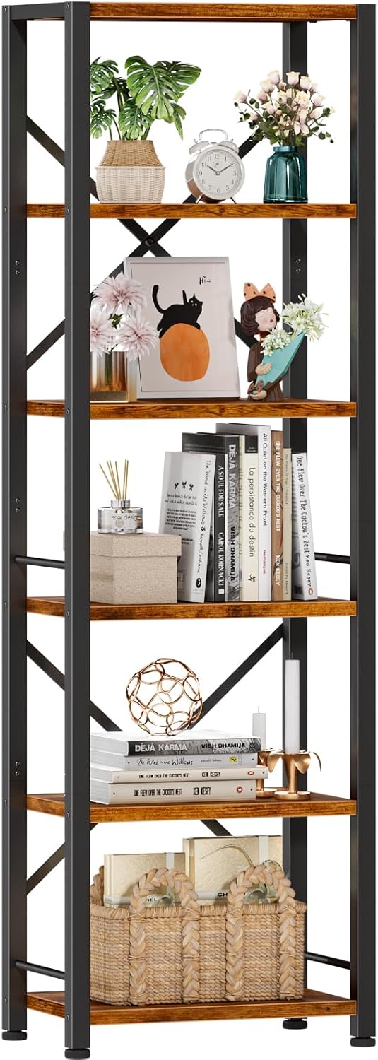 Furologee 6 Tier Bookshelf, Tall Narrow Bookcase, Rustic Brown
