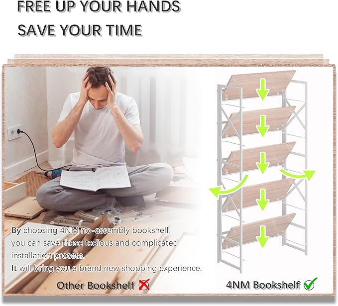 4NM 5 Tiers No Assembly Book Shelves, 51.2" H Folding Bookshelf Bookcase Open - Image 7