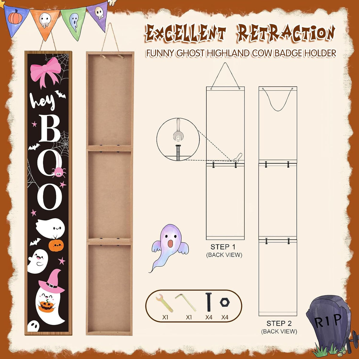 Pink Halloween Porch Sign Boo Ghost with Bow Halloween Outdoor Decor, 47"
