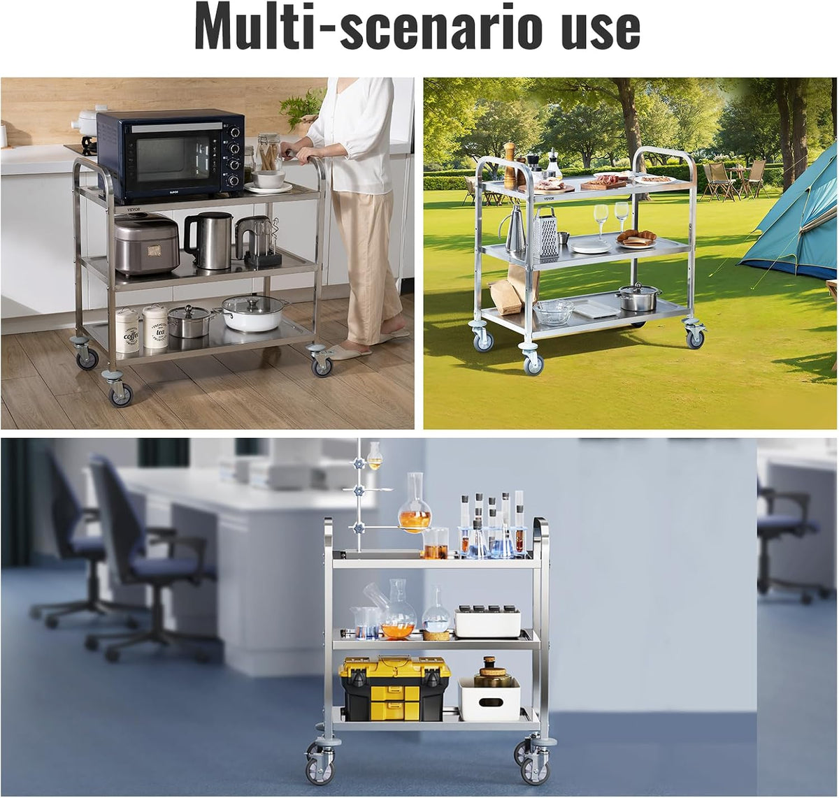 VEVOR Stainless Steel Cart, 3 Layers Lab Utility Cart 220 lbs Weight Capacity...