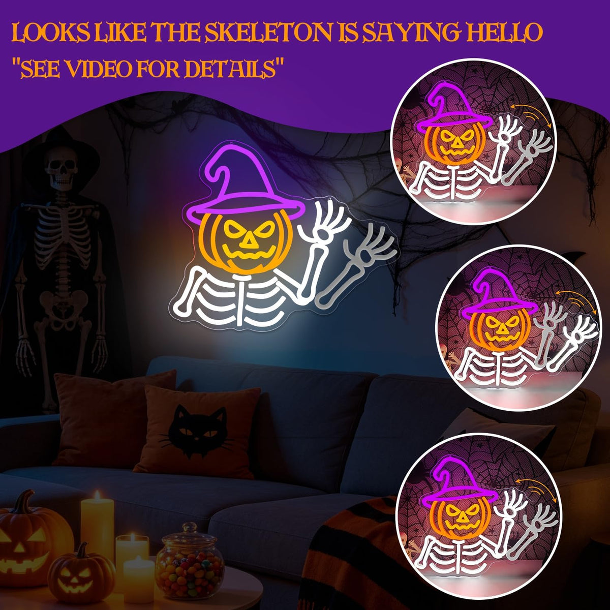 Waving Skeleton Neon Sign for Halloween Wall Decor USB Dimmable Led Light