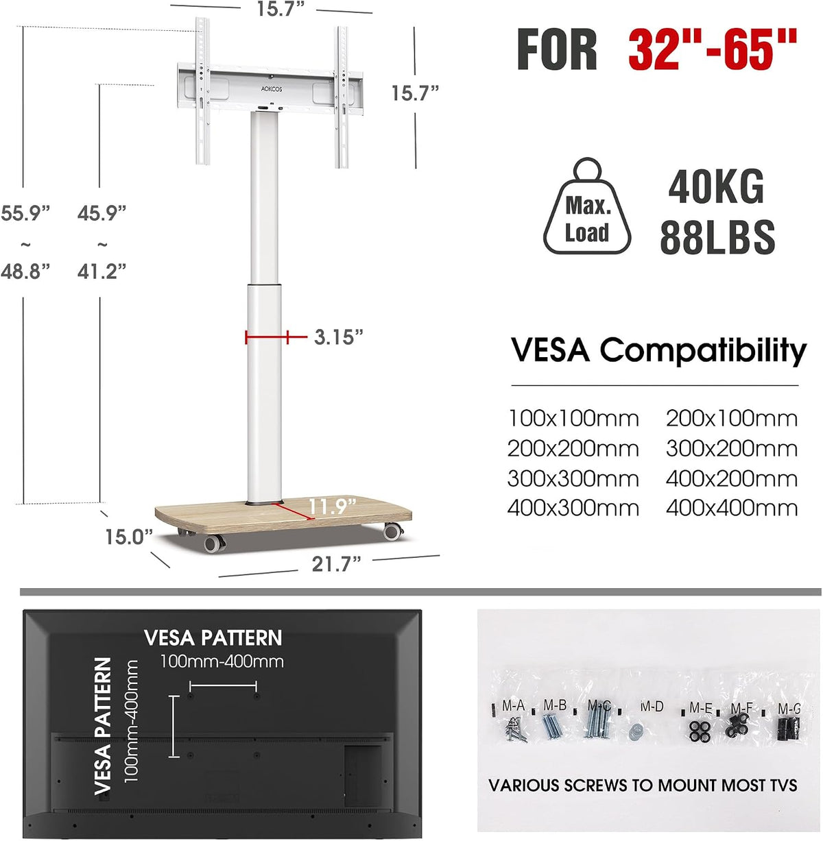 AOKCOS Rolling TV Stand for 32-65 Inch TVs, Portable Mobile TV Stand on Wheel...