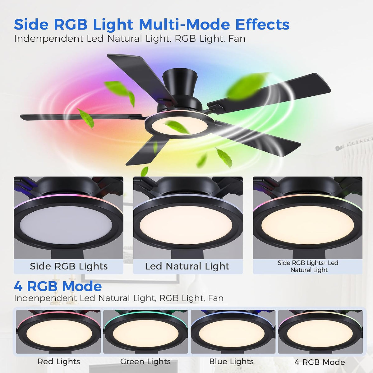Ayaoty Ceiling Fans with Lights - 52in Flush Mount Ceiling Fan with RGB Dimma...