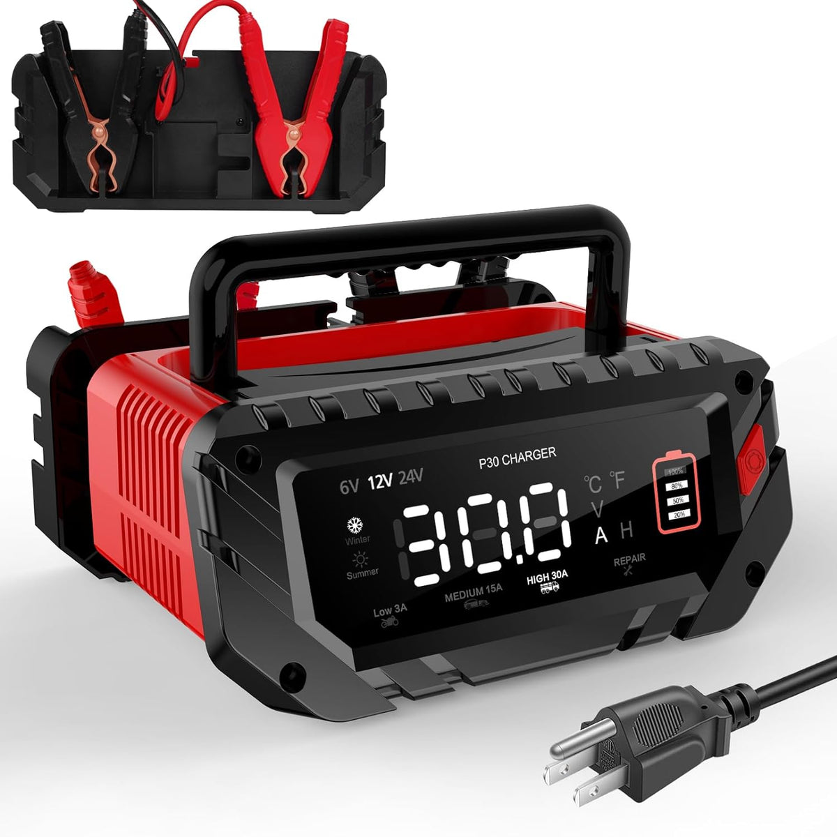 30 Amp 6V/12V/24V Smart Trickle Charger, Car Battery Charger, Lithium, Lifepo...