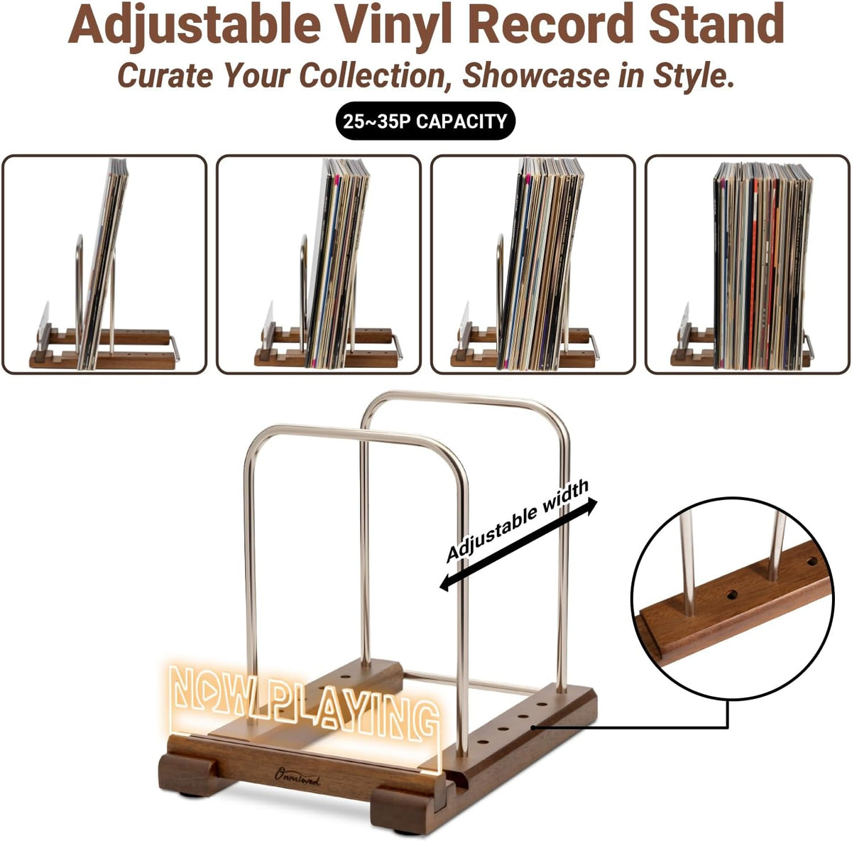 Onmiwod Vinyl Record Holder for 35 LPs, Light Up Now Playing Vinyl Record Sta...
