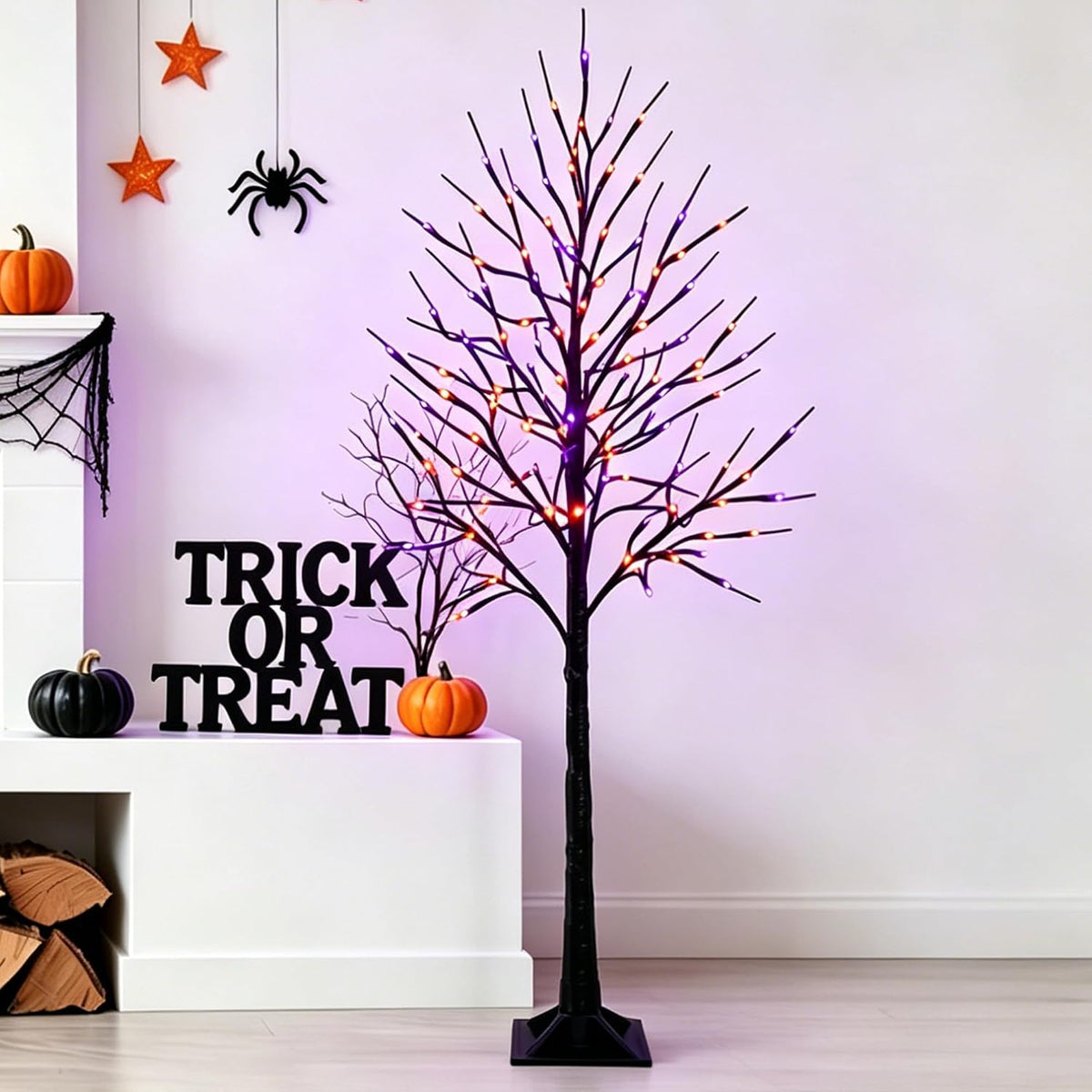 Dazzle Bright 2 Pack Halloween Lighted Up Birch Tree, Total 96 LED Purple and...