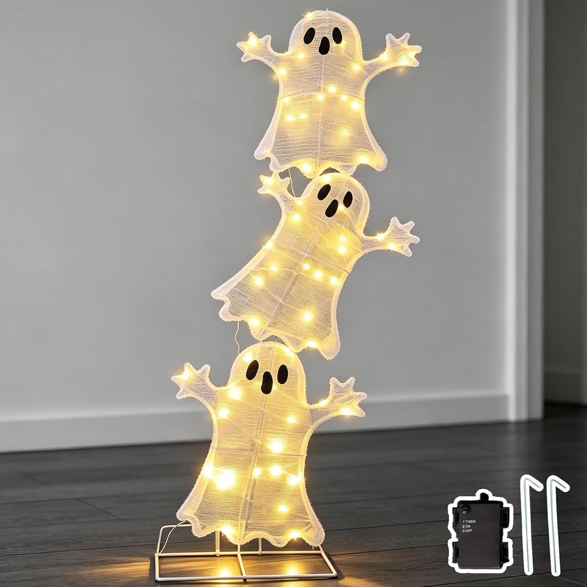 Halloween Decorations Lighted 3 Stacked Ghosts, Freestanding LED Ghost Yard S...