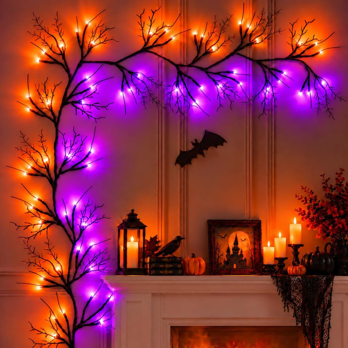 Halloween Garland with Orange & Purple Lights, 9 FT Bendable Black Branch