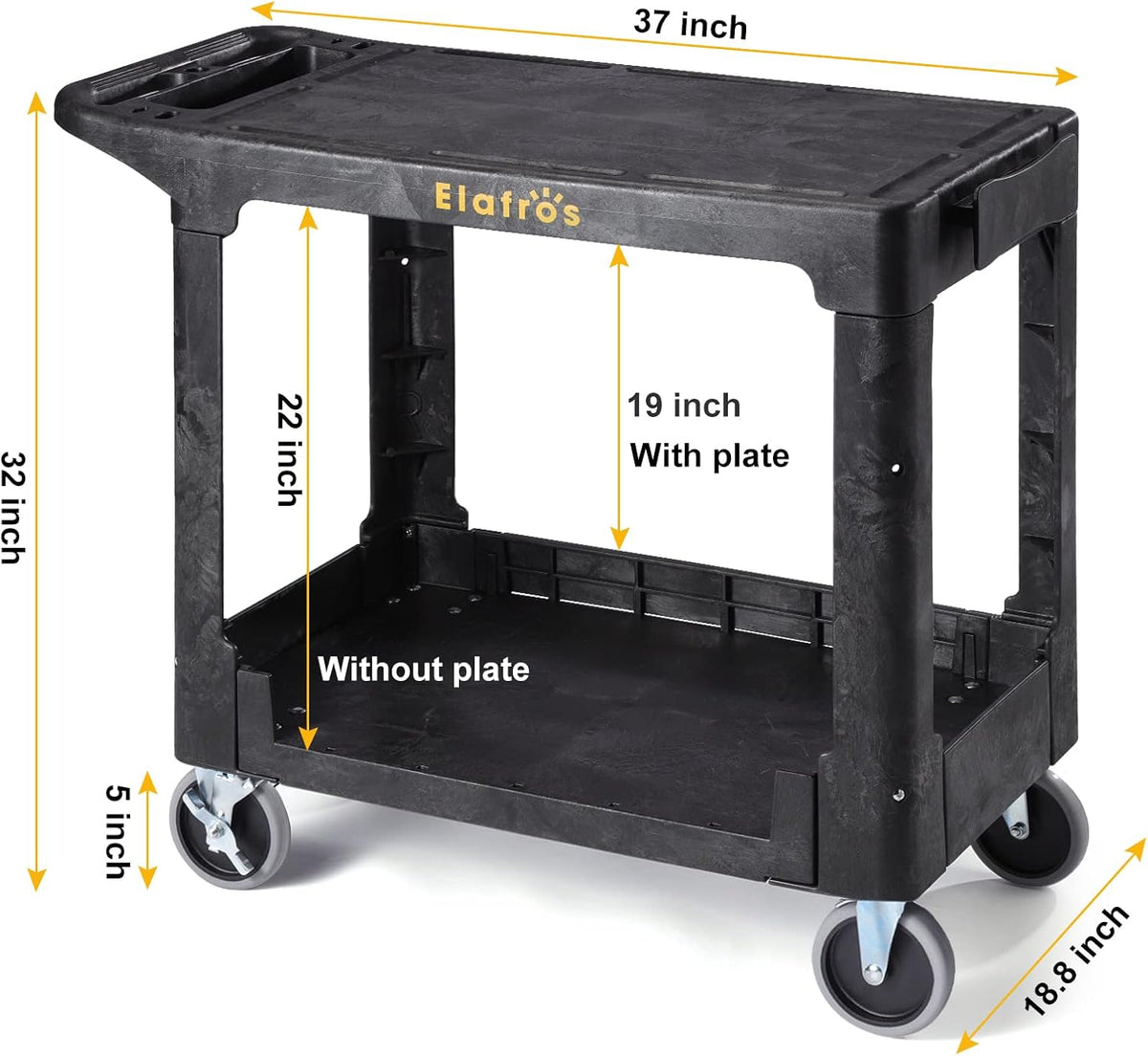 ELAFROS Heavy Duty Plastic Utility Cart, 37 x 18.8 in, Flat Top, Swivel Wheel...