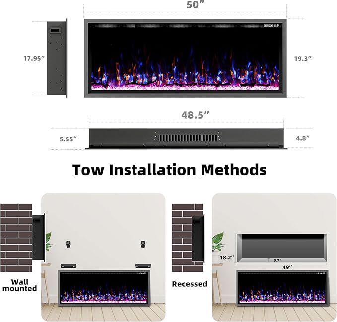 50'' Luxury Electric Fireplace – Wall Mounted & Recessed, Ultra-Slim Design - Image 7