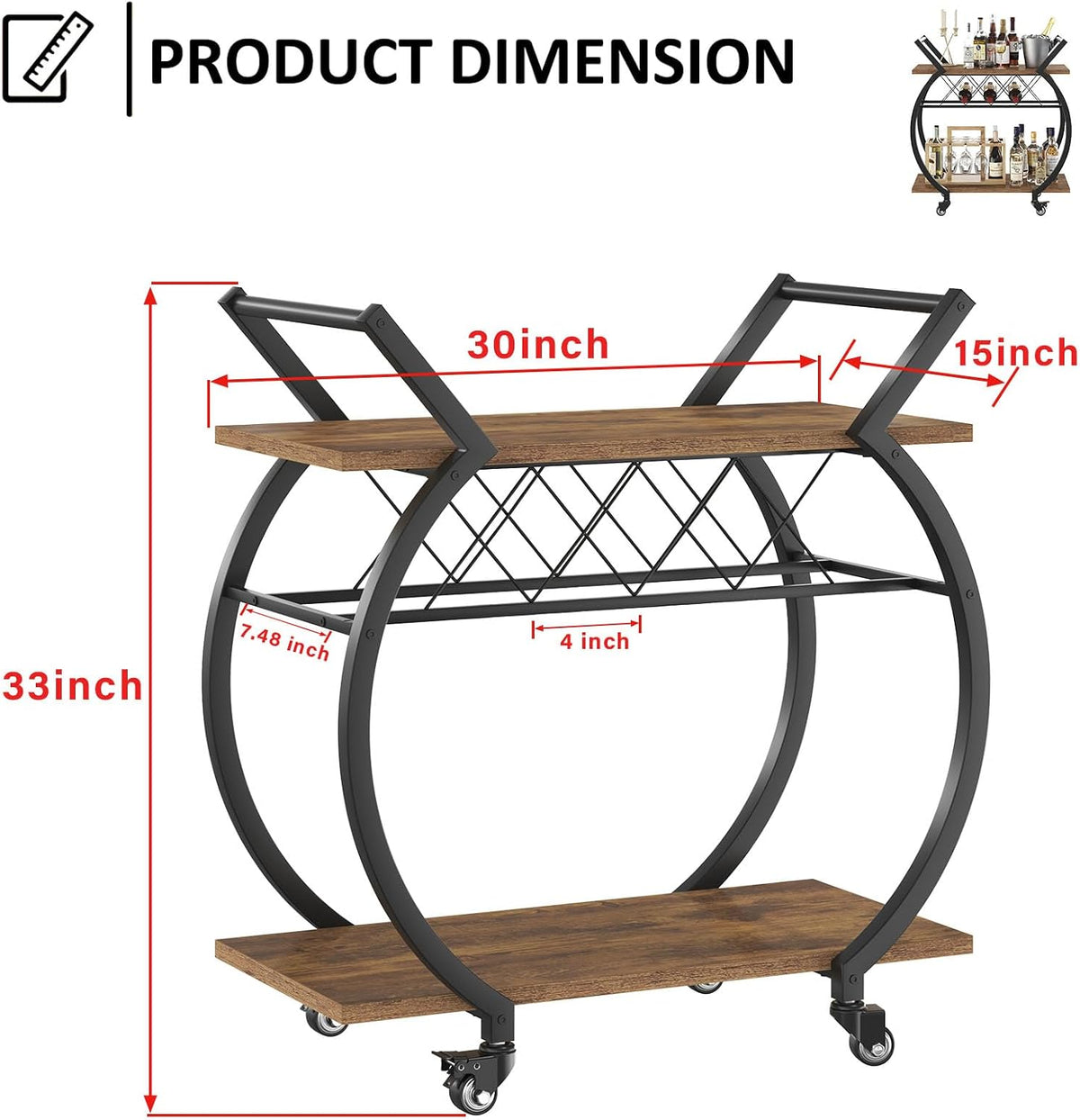 LVB Industrial Bar Cart, Beverage Serving Cart with Wheels, Rustic Brown