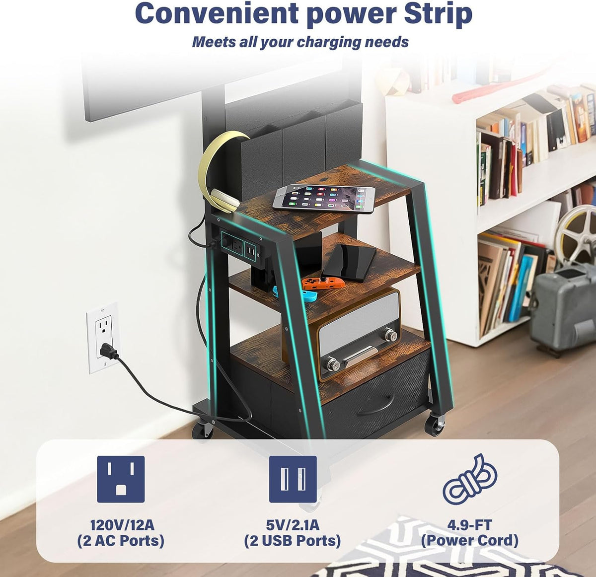 Rolling TV Stand with Power Outlet & 4-Tier Storage for 23-60 Inch Flat/C...