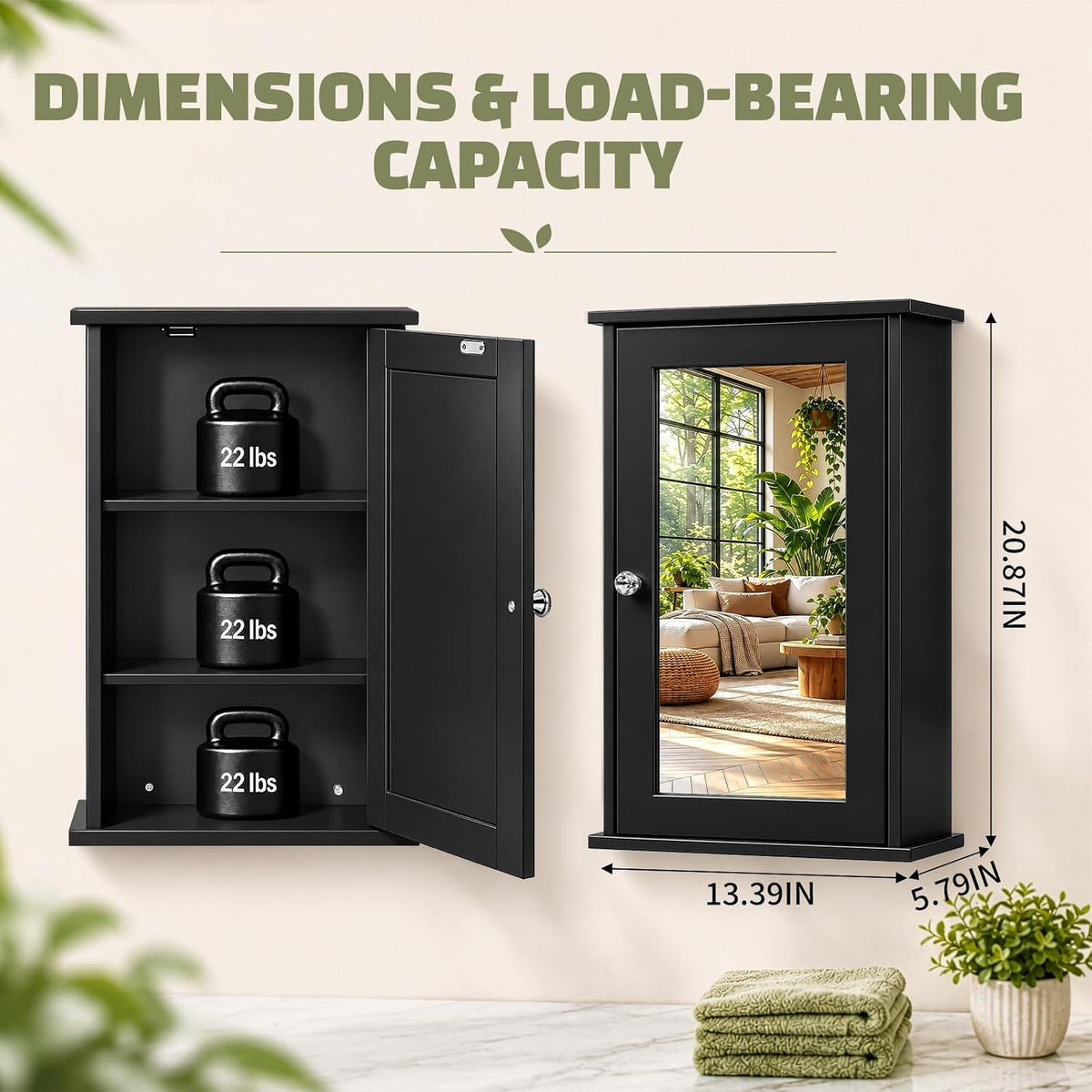 Karl home Black Wall Mounted Medicine Cabinet, Single Mirror Bath Storage