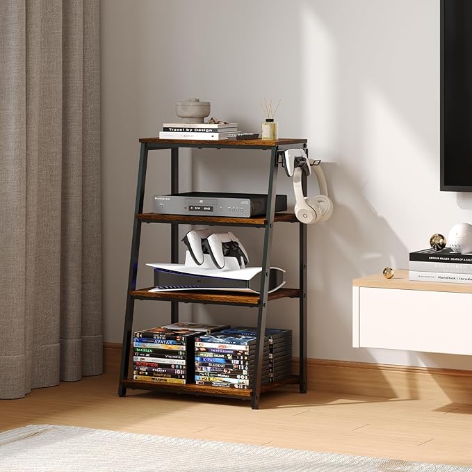 4-Tier AV Media Stand with 2 Hooks, Heavy Duty Stereo Cabinet Furniture-Large - Image 9