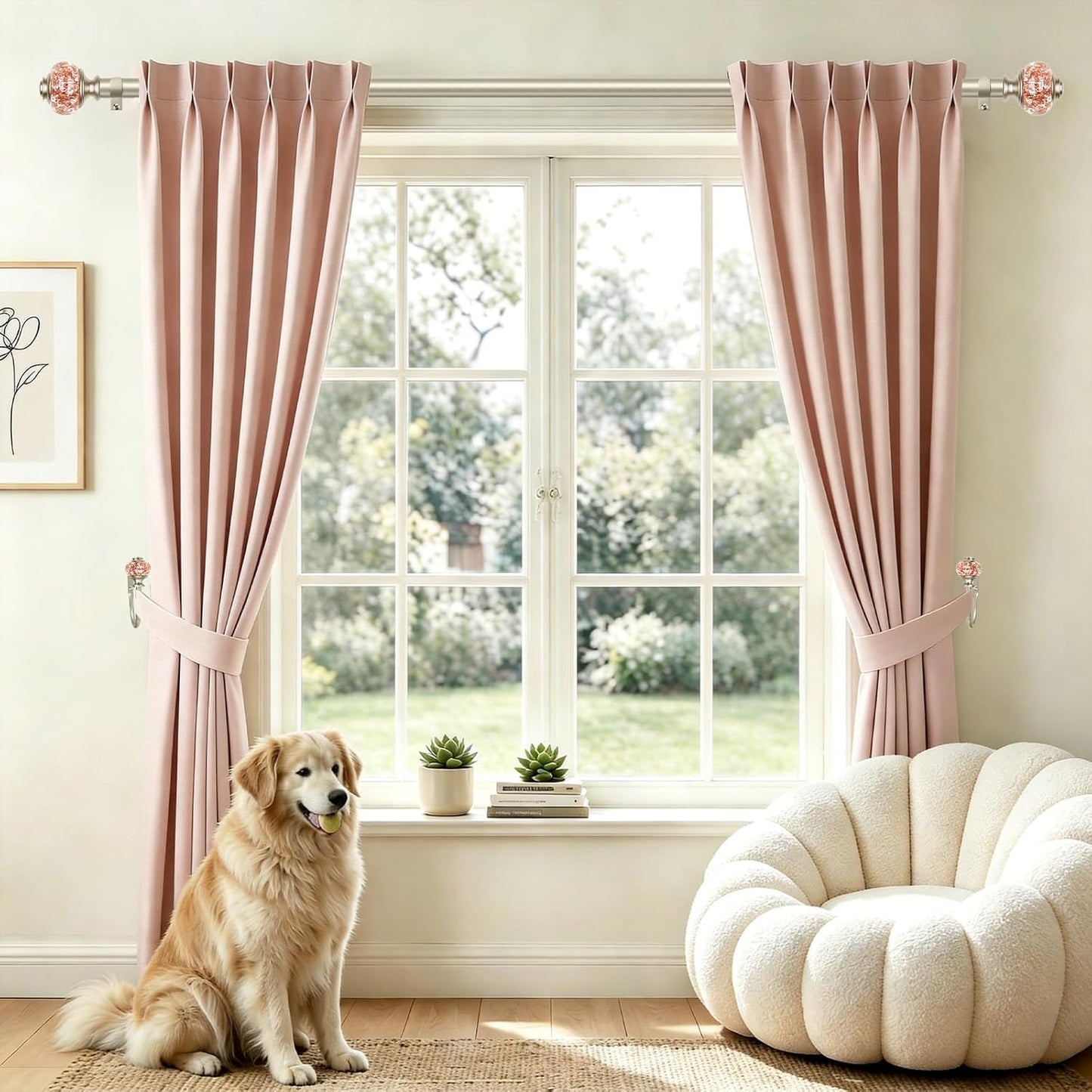 Rose Gold Curtain Holdbacks, Decorative Drapery Tiebacks, 1 Pair | Curtain Hooks for Drapes, Wall Mounted, Vintage Crystal Finials, Durable Metal Material, Size: Small(3.95" L x 3.4" W)