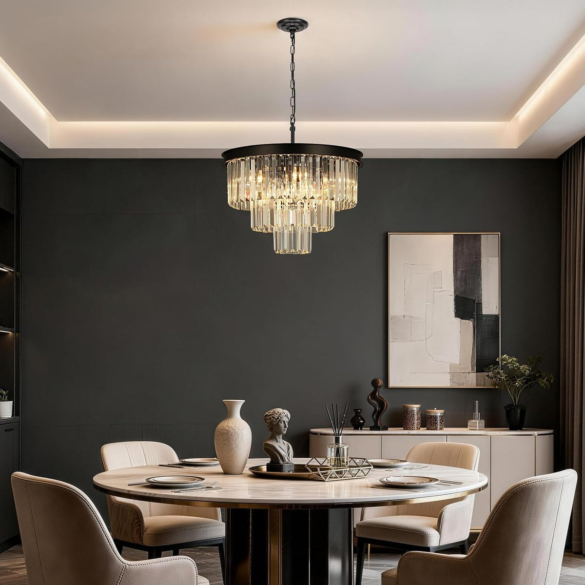 Weesalife Black Crystal Chandeliers for Dining Room๏ผ9-Lights D20 Inch