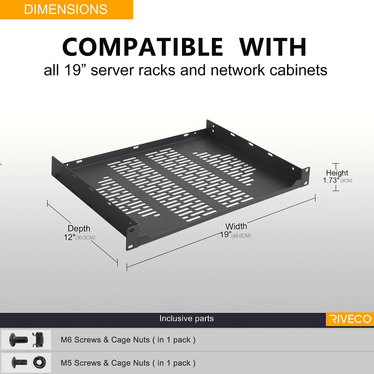 RIVECO 2 PCS 12โ Rack Shelves for 19 inches Network Rack & Cabinets, 1U R...