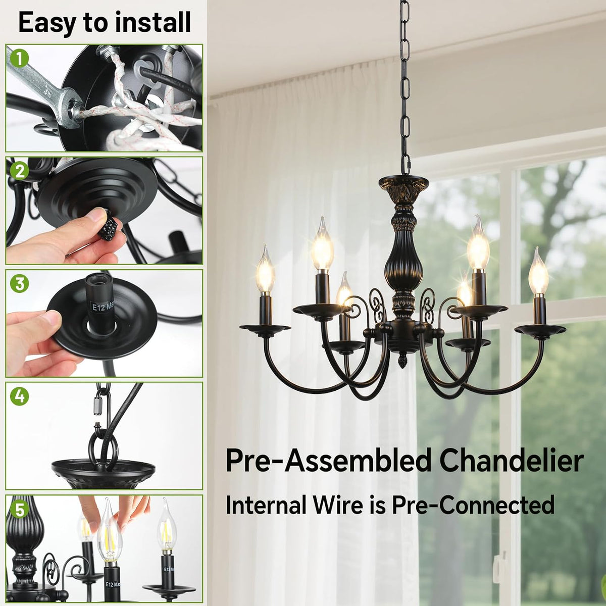 6-Light Farmhouse Chandelier for Dinning Room,Vintage Black Candle Hanging Pe...
