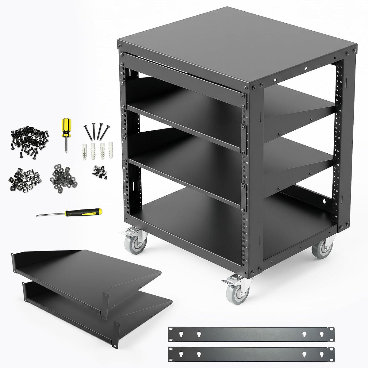 AxcessAbles 12U Open Frame Network Rack with Locking Caster Wheels - 440lb Ca...