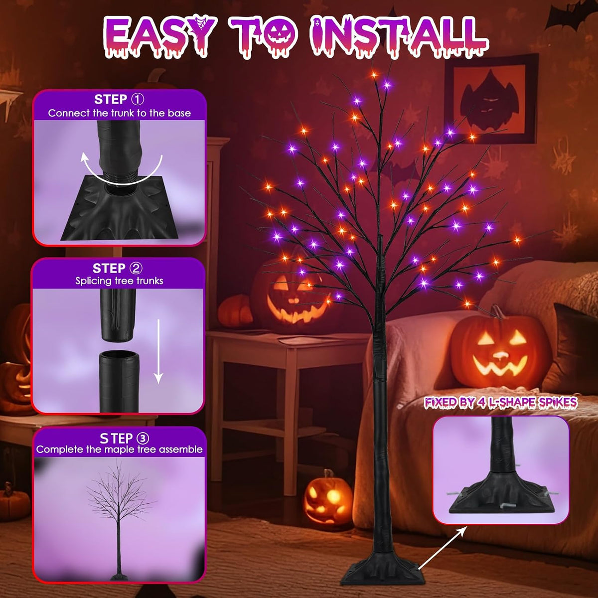 Set of 3, 4ft 5ft 6ft Lighted Black Halloween Tree with Orange Purple Light