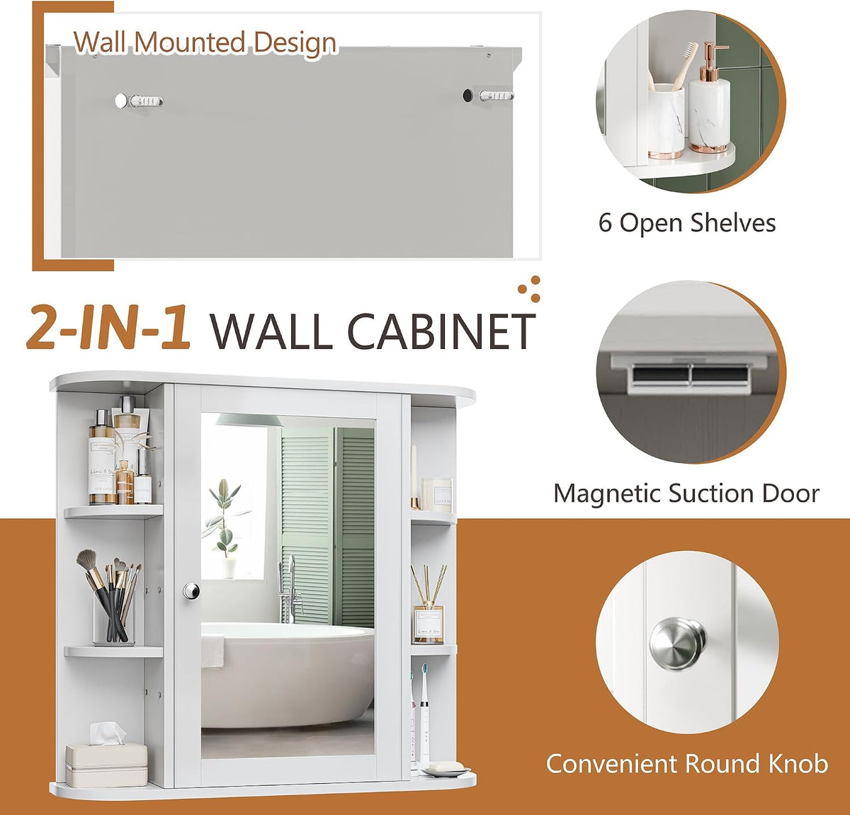 Bathroom Medicine Cabinet, Bathroom Mirror Cabinet Wall Mounted with 6 Side O...