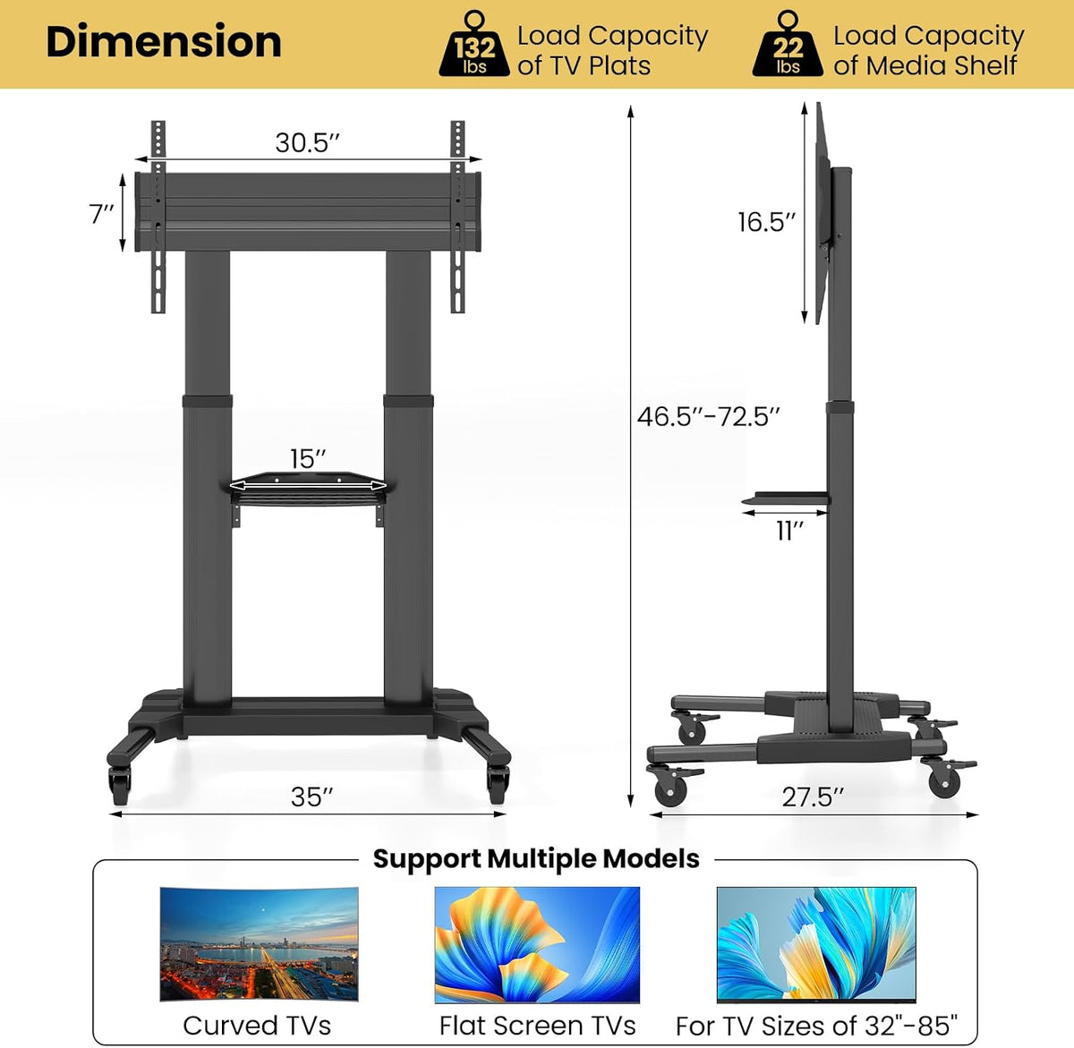 Goplus Rolling TV Stand for 32"-85" Flat Curved LED/LCD/OLED TVs up...