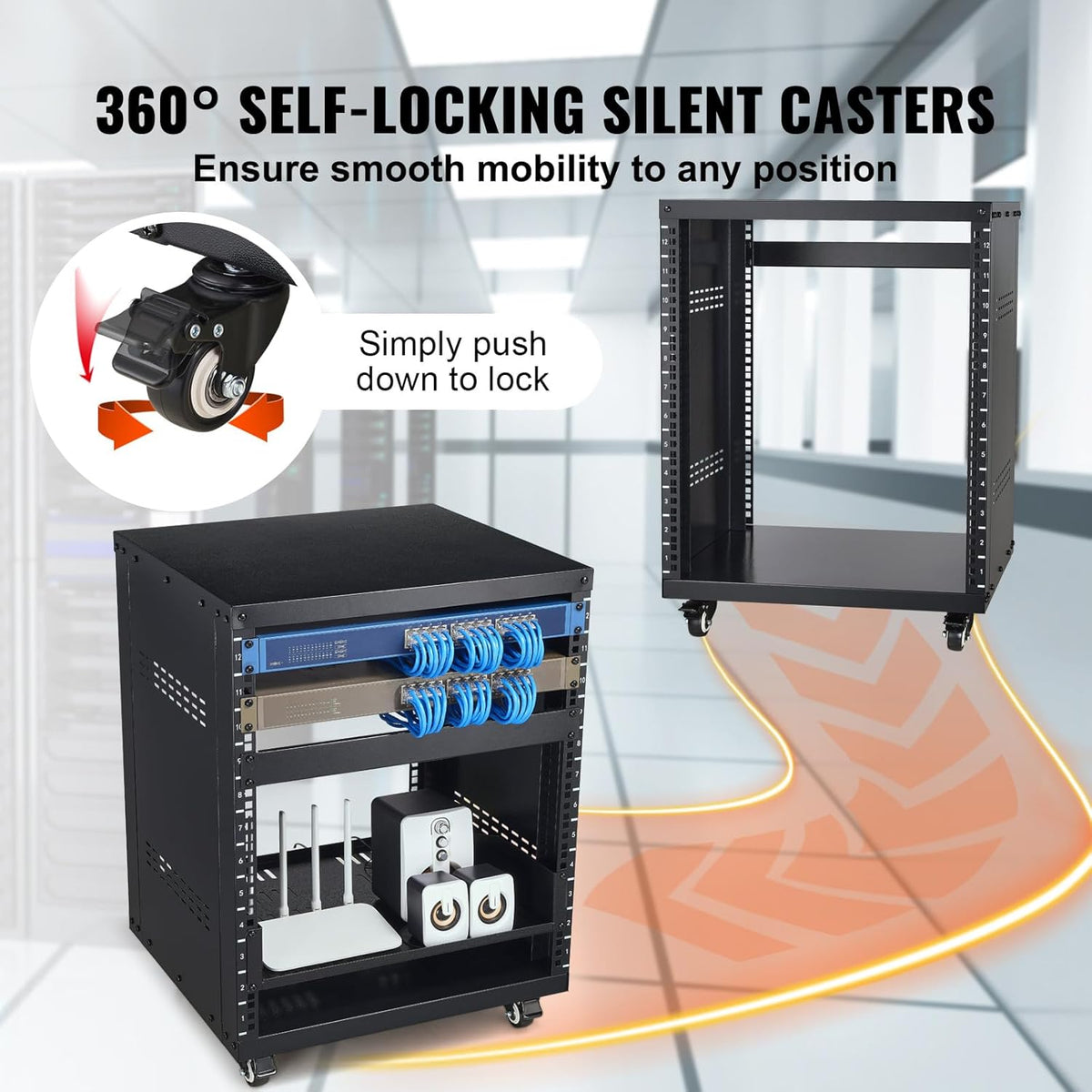 VEVOR 12U AV Rack Stand with Caster Wheels, Component Rack Cabinet Recording ...