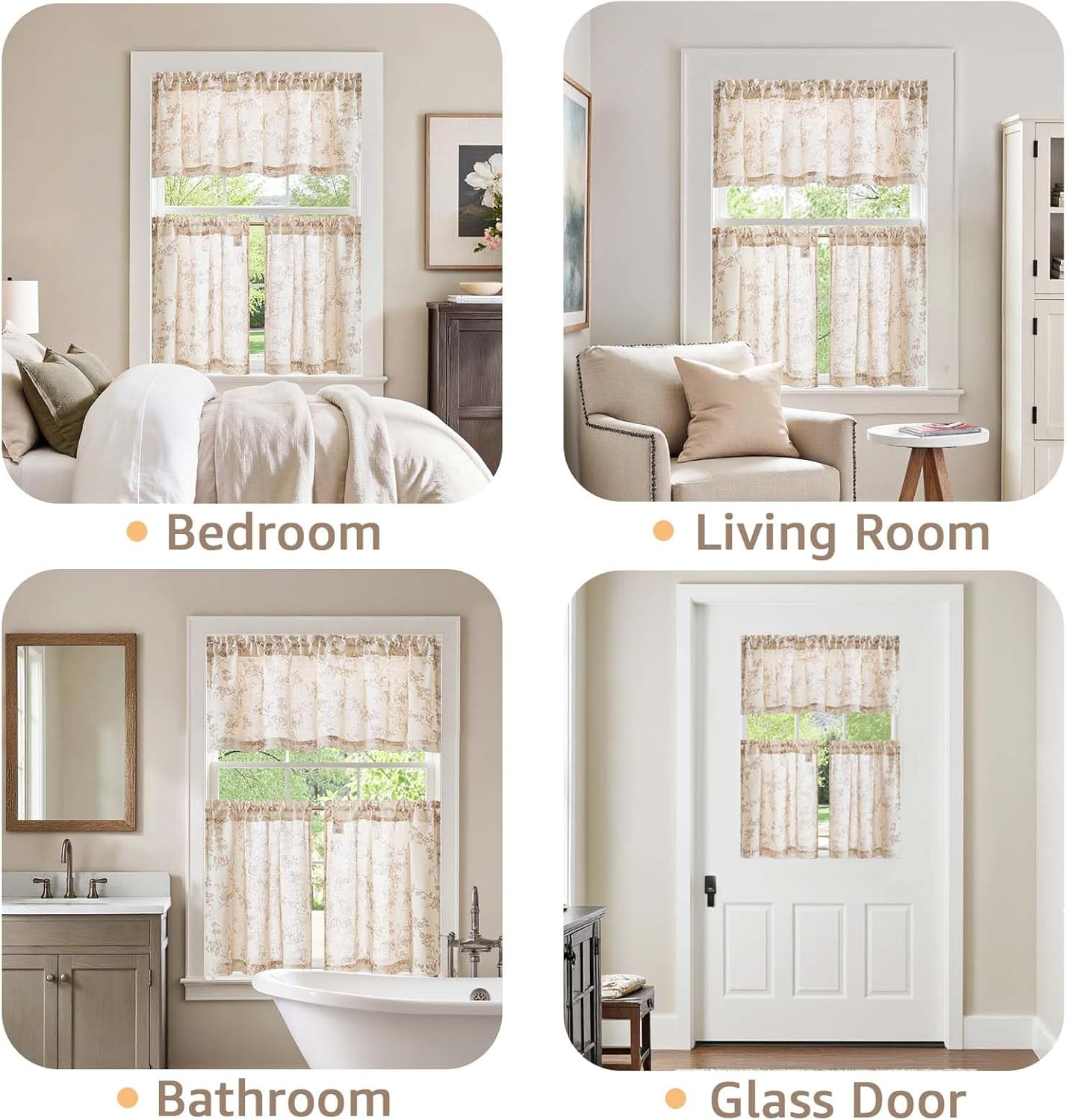 jinchan Floral Kitchen Curtains Set 24 Inch Length Farmhouse Linen Cafe Curtains and Valance Set for Living Room Bathroom Small Window Treatments Rod Pocket 3 Panels Taupe on Linen