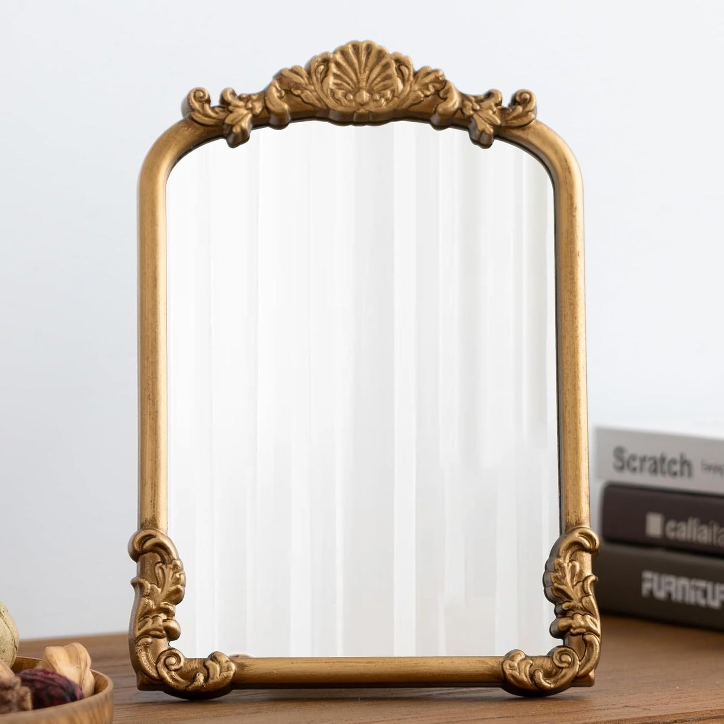Vintage Small Vanity Gold 8x12 Antique Table Desk Mirror with Stand | Makeup Ornate Arched Decor Mirror, Small Brass Wedding Wood Mirror, For Tabletop Living Room Countertop Bedroom Bathroom