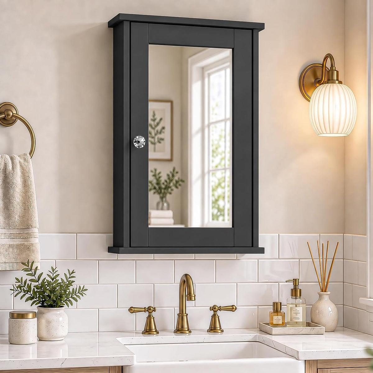 Karl home Black Wall Mounted Medicine Cabinet, Single Mirror Bath Storage