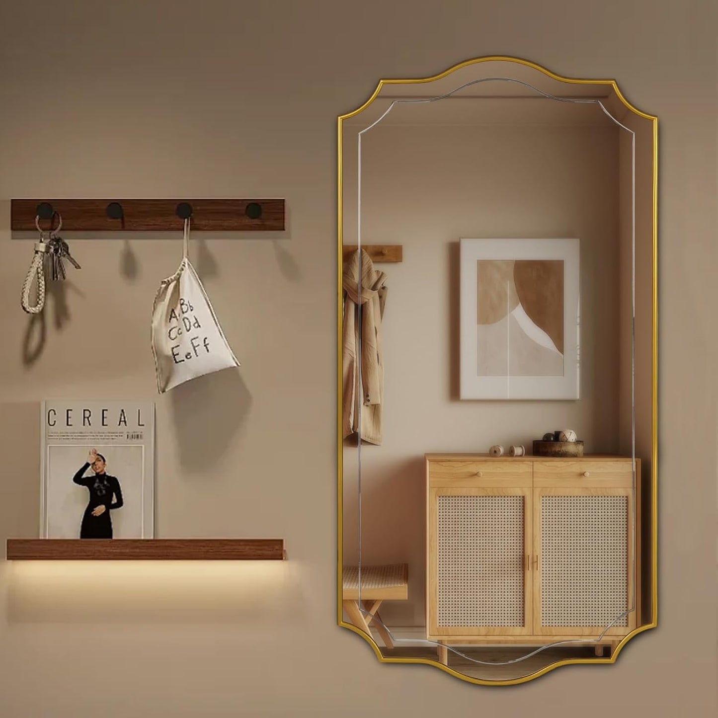 POZINO 47"x24" Large Scalloped Wall Mirror with Gold Wood Frame | Irregular Rectangle Design, Horizontal/Vertical Hanging, Elegant Wavy Wall Mirror for Entryway Bedroom Bathroom Living Room