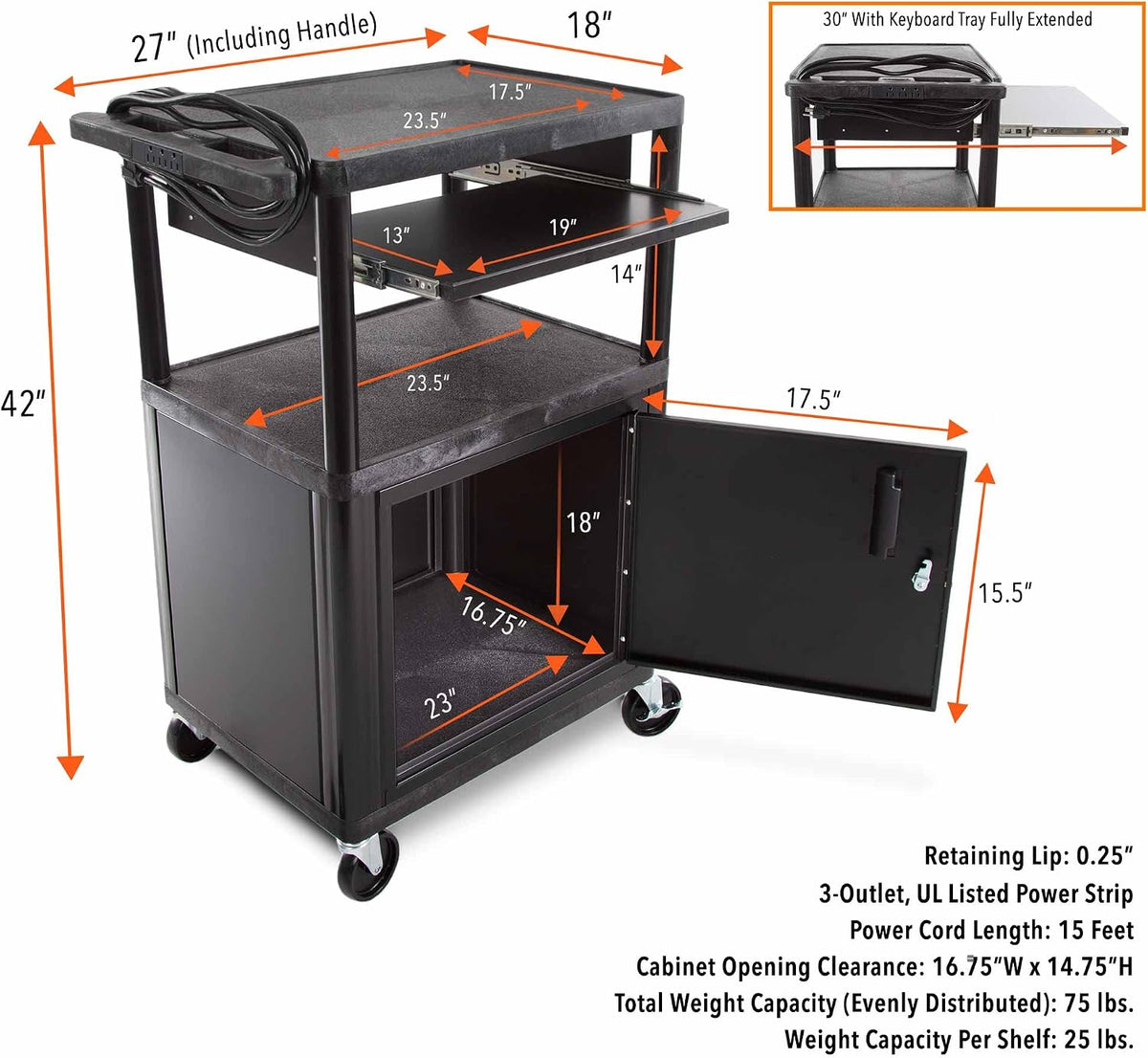Stand Steady Line Leader SS-LP Plastic AV Cart with Keyboard Tray and Locking...