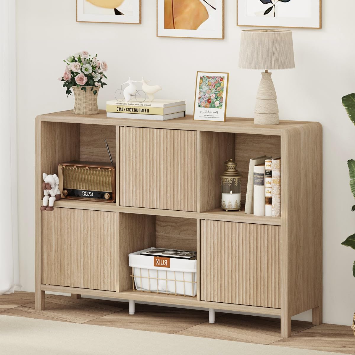 FATORRI 6 Cube Horizontal Bookshelf with 3 Doors, Modern Wood Book Shelf with...