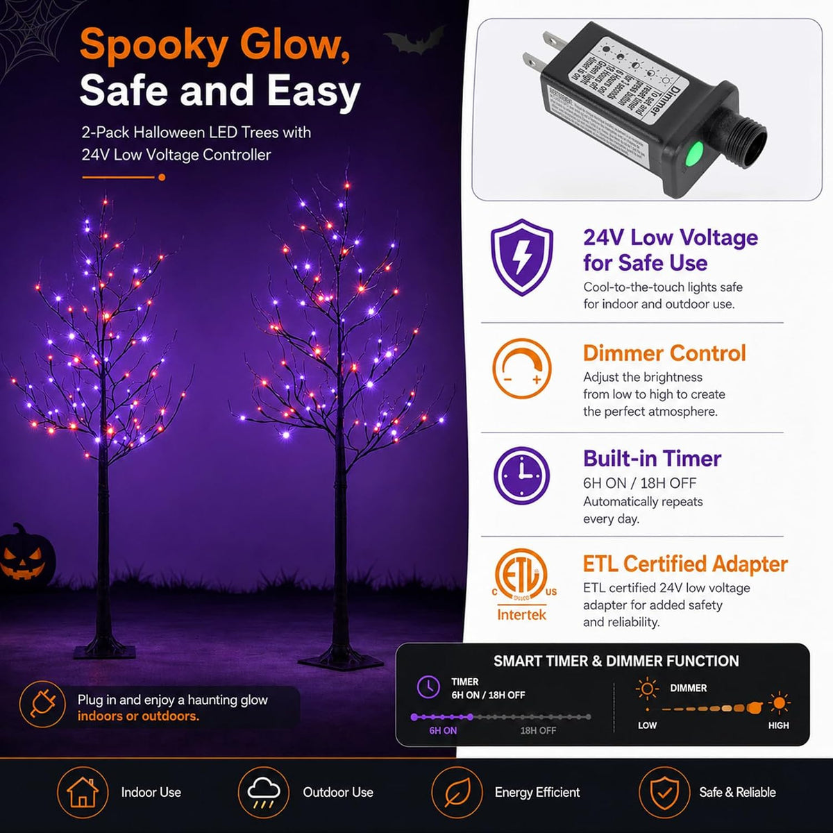 5FT LED Lighted Halloween Tree 2-Pack Orange and Purple Lights Dรฉcor
