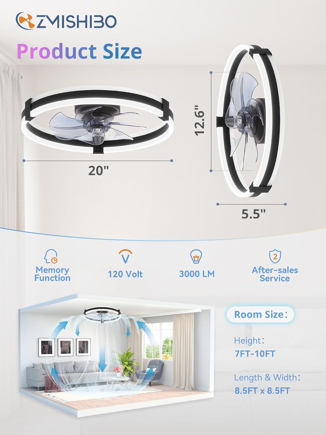 ZMISHIBO 20" RGB Low Profile Ceiling Fans with Lights and Remote, Black