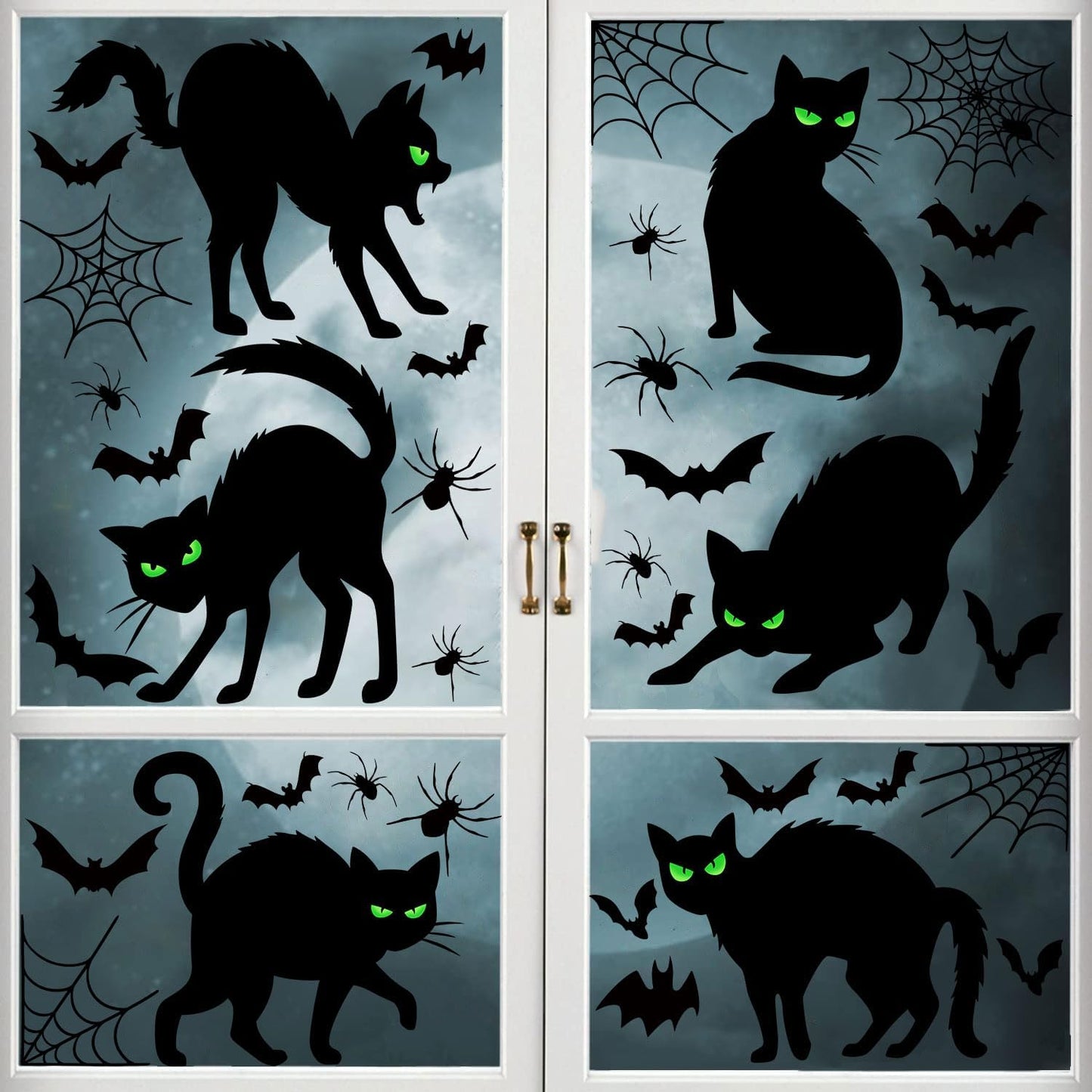 Halloween Black Cat Window Clings Decorations, Spooky Haunted House Bats Spider Web Scary Decals, Silhouette Removable Double-Side Black Cats Window Sticker Halloween Party Supplies 6 Sheets