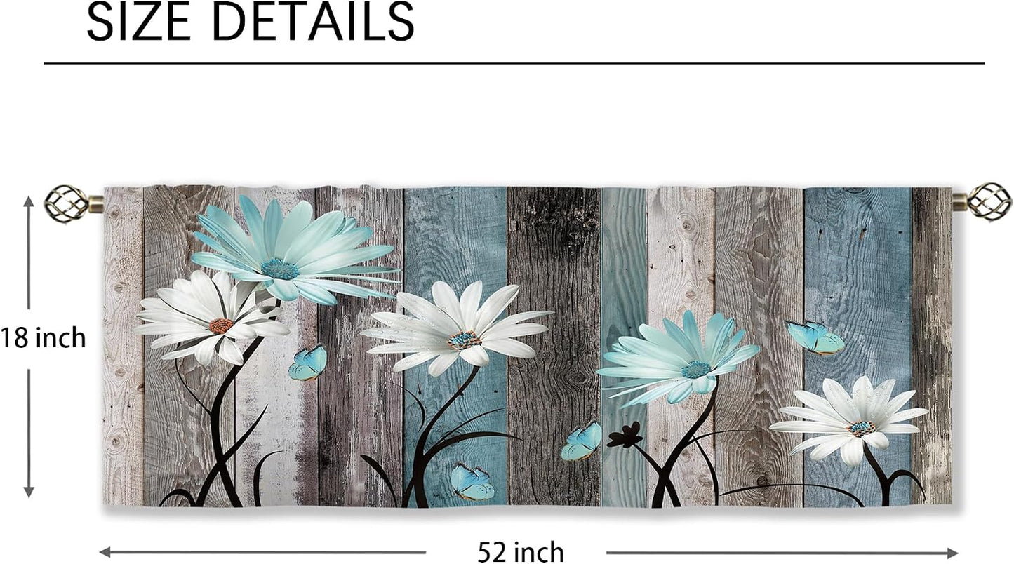 Teal Farmhouse Daisy Curtain Valance for Window Treatments Wooden Flower Rod Pocket Kitchen Treatment Rustic Floral Butterfly Country Drapes for Bathroom Bedroom Living Room (52x18 Inch)