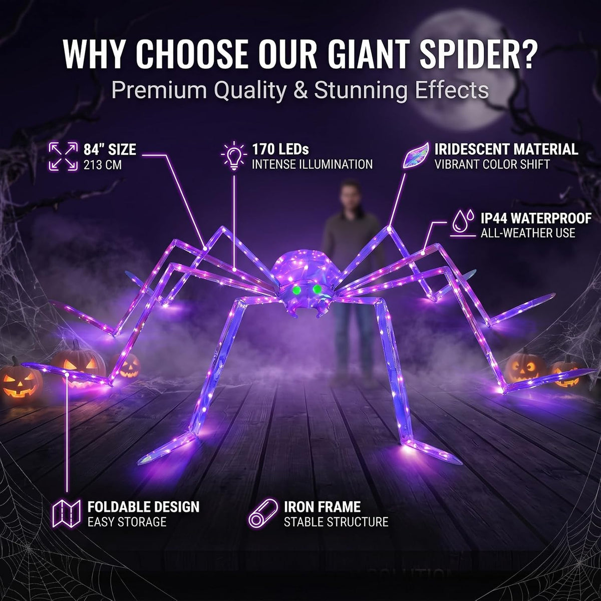 7FT Giant Halloween Spider Decorations Outdoor โ Prismatic Iridescent Light-U...