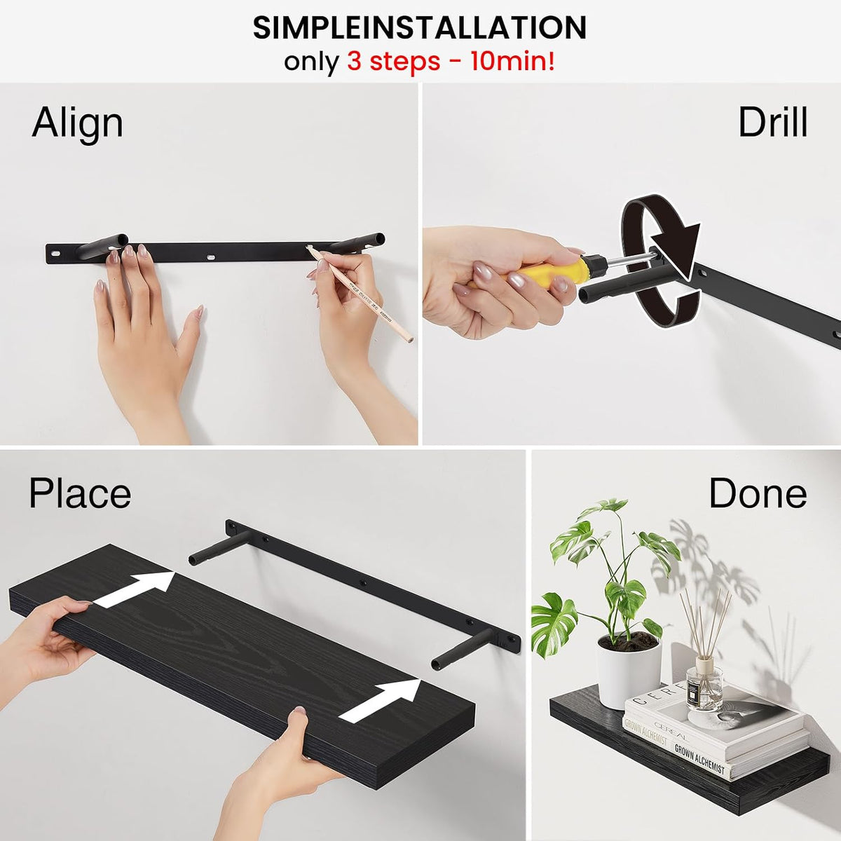 BAYKA Black Floating Shelves 22.5in, Set of 2, Wall Mounted for Wall Decor