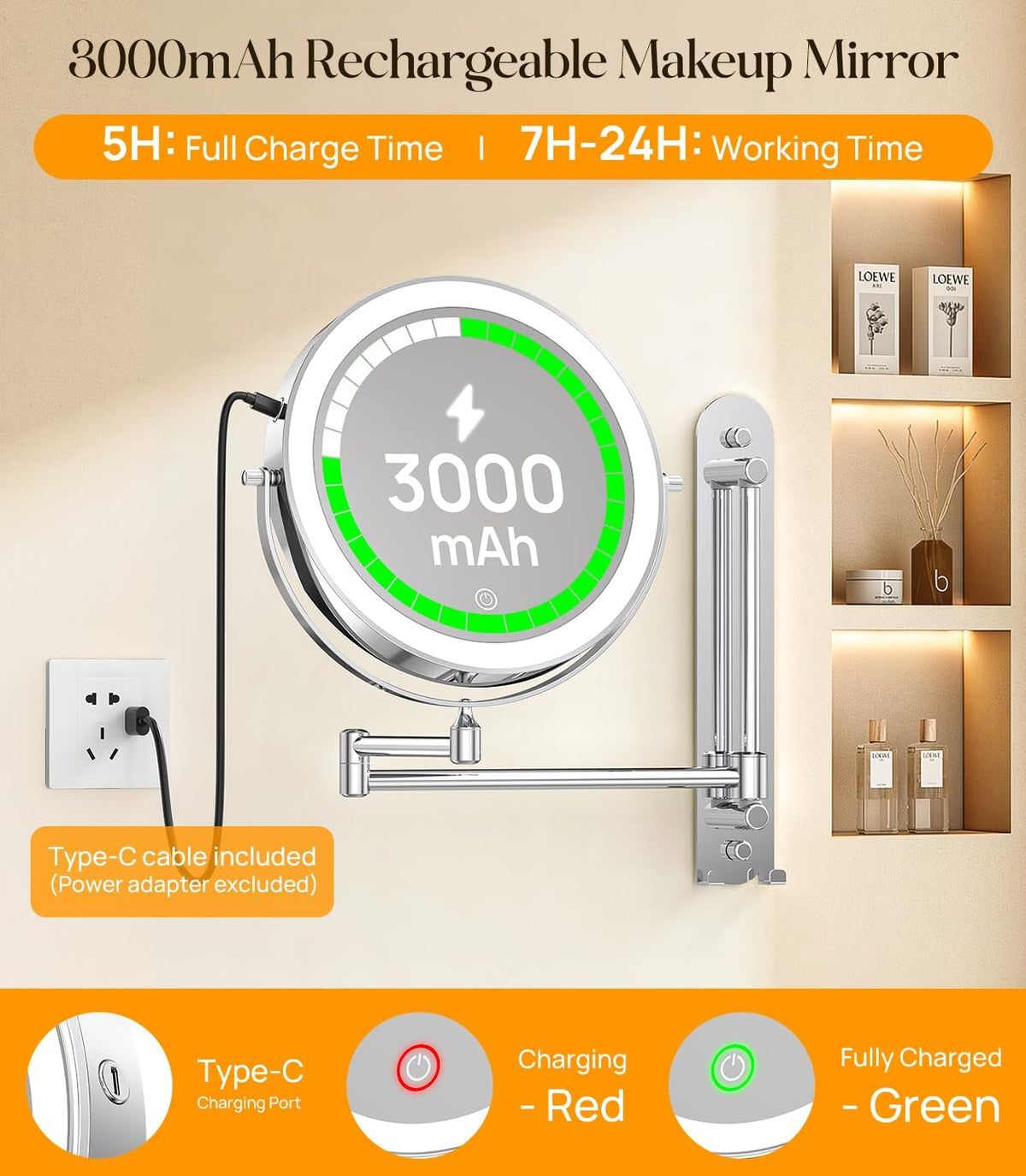 Gospire 9” Wall Mounted Makeup Mirror with Magnification 10X - Chrome | 7in Height Adjustable Vanity Lighted Mirrors for Bathroom Wall, 360° Extended Arm Shaving Wall Mirror with Lights