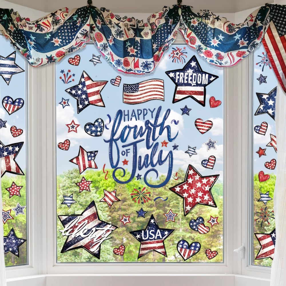 Vellibring 6 Sheet Patriotic Window Clings 4th of July Window Decals Retro Style USA Stars Flag Firework Decor for Independence Day Home Party Glass Mirror Decoration