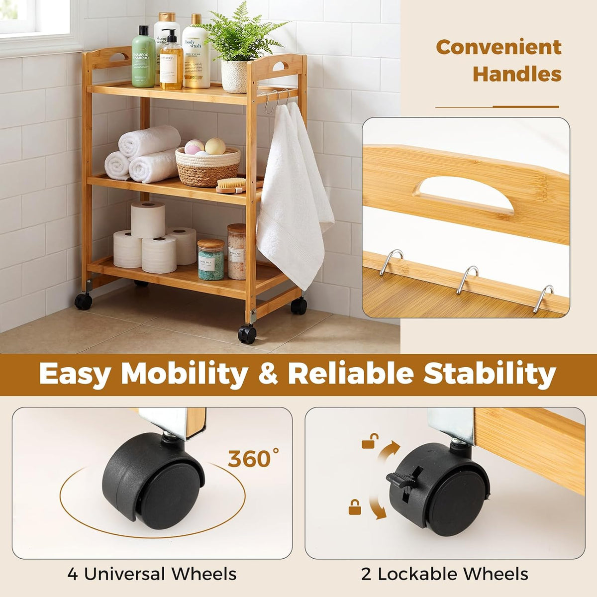 GIANTEX 3-Tier Rolling Storage Cart, Bamboo Utility Cart w/ 3 Side Hooks &...