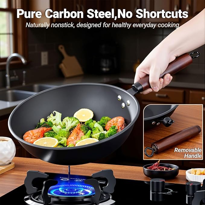Carbon Steel Wok Pan, Nitrided Pre-Seasoned Round Bottom Woks & Stir-Fry Pans - Image 9