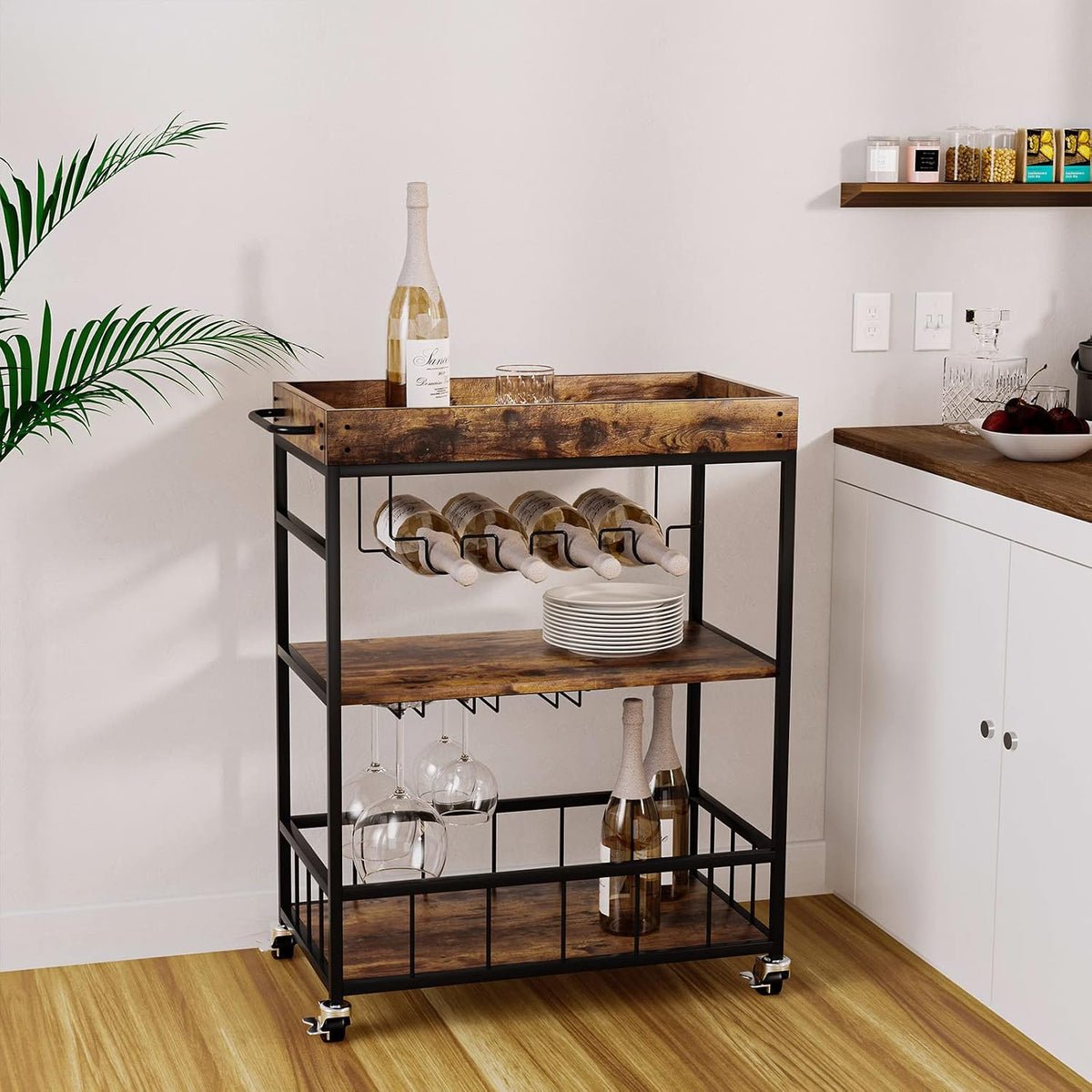 Bar Cart Serving Wine 3 Tier Home Rolling Rack with Wheels Mobile Kitchen Ind...